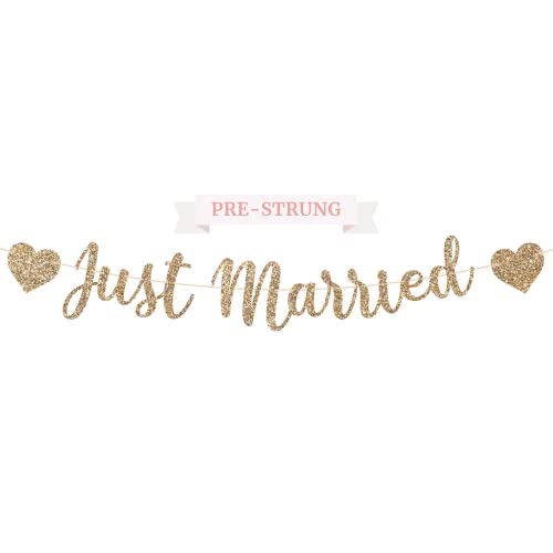 Pre-Strung Just Married Banner - NO DIY - Gold Glitter Wedding Party Banner in Script - Pre-Strung Garland on 6 ft Strand - Gold Wedding Reception Party Decorations & Decor. Did we mention no DIY?