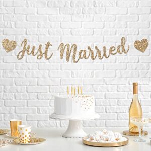 Pre-Strung Just Married Banner - NO DIY - Gold Glitter Wedding Party Banner in Script - Pre-Strung Garland on 6 ft Strand - Gold Wedding Reception Party Decorations & Decor. Did we mention no DIY?