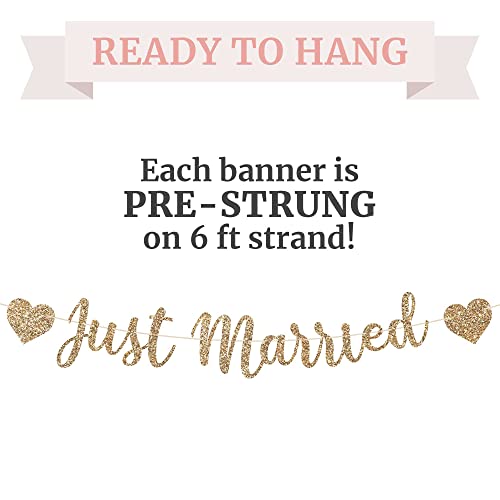 Pre-Strung Just Married Banner - NO DIY - Gold Glitter Wedding Party Banner in Script - Pre-Strung Garland on 6 ft Strand - Gold Wedding Reception Party Decorations & Decor. Did we mention no DIY?