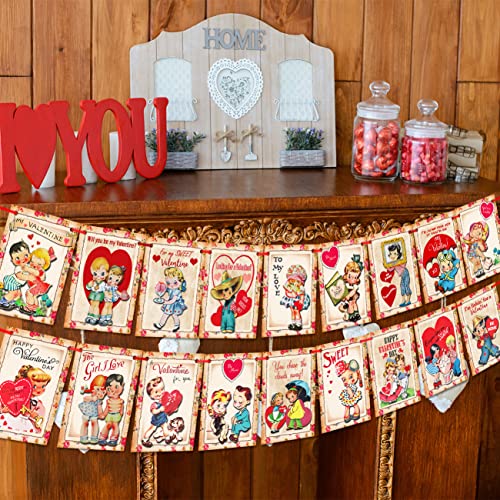 Valentines Day Decorations Vintage Valentines Banner Heart Love Hanging Garland for Happy Valentine's Day Home Wedding Party Decor