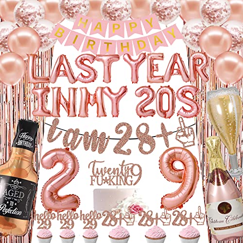 29th Birthday Decorations for Women include Last Year In My 20s Balloon Banner I AM 28+1 Glitter Banner 29 Birthday Cake Topper Cupcake Toppers Number 29 Foil Balloons Whiskey Balloon