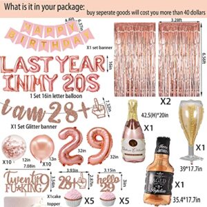 29th Birthday Decorations for Women include Last Year In My 20s Balloon Banner I AM 28+1 Glitter Banner 29 Birthday Cake Topper Cupcake Toppers Number 29 Foil Balloons Whiskey Balloon
