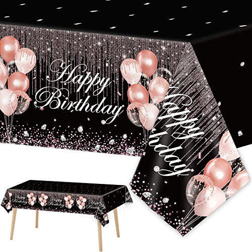 3pcs Black Rose Gold Birthday Tablecloths Rose Gold and Black Party Decorations Pink Sequin Plastic Table Cover Glitter Diamonds Happy Birthday Supplies for Girl Women Birthday Wedding Party