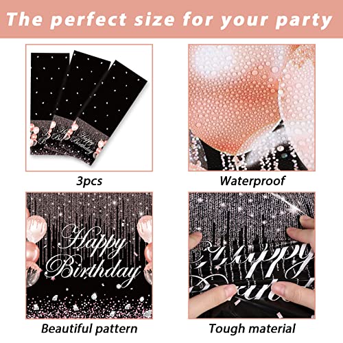 3pcs Black Rose Gold Birthday Tablecloths Rose Gold and Black Party Decorations Pink Sequin Plastic Table Cover Glitter Diamonds Happy Birthday Supplies for Girl Women Birthday Wedding Party