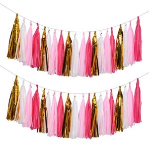 merrynine tissue tassels garlands, 40pcs diy tassels, 14 inch long tassels, for wedding, baby shower, event & party supplies decoration (rose/ pink/ white/ gold set)