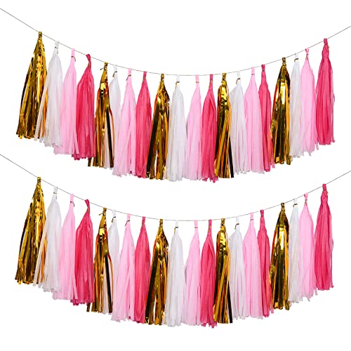 MerryNine Tissue Tassels Garlands, 40PCS DIY Tassels, 14 Inch Long Tassels, for Wedding, Baby Shower, Event & Party Supplies Decoration (Rose/ Pink/ White/ Gold Set)