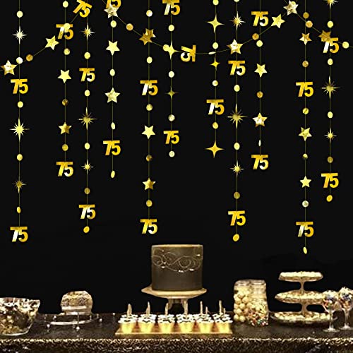 Gold 75th Birthday Decorations Number 75 Circle Dot Twinkle Star Garland Metallic Hanging Streamer Bunting Banner Backdrop for 75 Year Old Birthday Happy 75th Anniversary Seventy Five Party Supplies