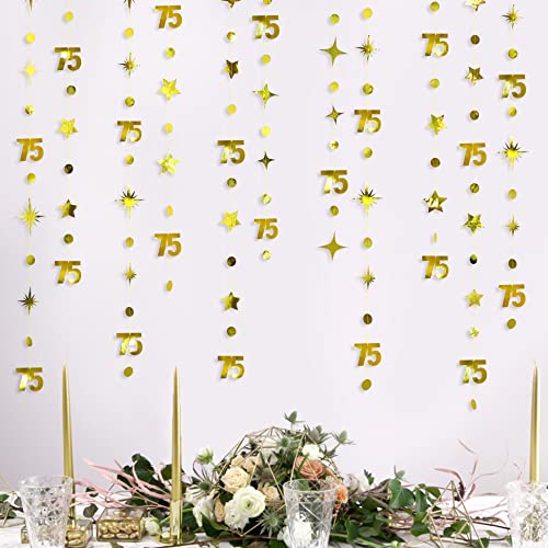 Gold 75th Birthday Decorations Number 75 Circle Dot Twinkle Star Garland Metallic Hanging Streamer Bunting Banner Backdrop for 75 Year Old Birthday Happy 75th Anniversary Seventy Five Party Supplies