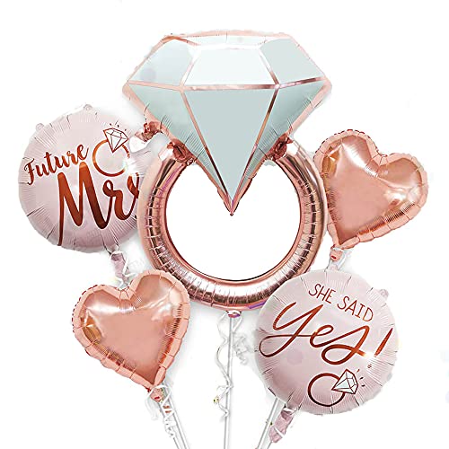 Diamond Ring Foil Balloon Set, 5pcs Bridal Shower Supplies for Bridal Shower Bride to be Party Wedding Engagement Decoration