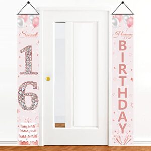 pink and rose gold sweet 16th birthday door banner decorations for girls, happy 16 years old birthday party supplies decor, sweet sixteen birthday porch sign for indoor outdoor