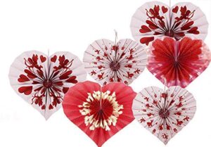 adorox set of 12 romantic valentines day heart shaped vibrant bright colors hanging paper fans rosettes party decoration for holidays fiesta (2 pack)