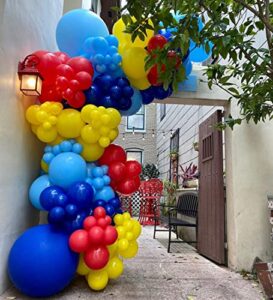 diy 142pcs balloon garland kit blue red yellow balloon arch for birthday party, baby shower,bridal shower, gender reveal party