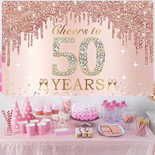 Large Cheers to 50 Years Birthday Decorations for Women, Pink Rose Gold Happy 50th Birthday Banner Backdrop Party Supplies, Fifty Birthday Poster Background Sign Decor