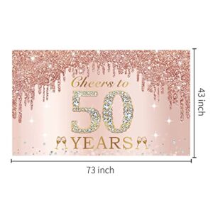 Large Cheers to 50 Years Birthday Decorations for Women, Pink Rose Gold Happy 50th Birthday Banner Backdrop Party Supplies, Fifty Birthday Poster Background Sign Decor