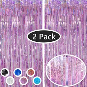 vanujoy 2 pack iridescent pinkish purple foil fringe backdrop curtains – pink tinsel curtain wall door decoratons for birthday bachelorette party engagement bridal shower baby shower