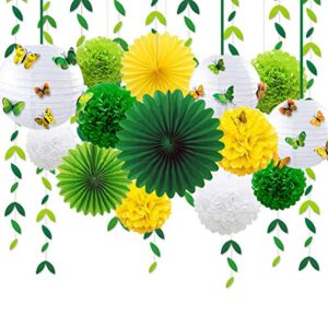 yellow green party decoration kit hanging paper fans lanterns flowers pom pom with 3d butterfly green leaves garland for birthday wedding engagement baby shower spring summer garden tea party decor
