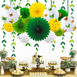 Yellow Green Party Decoration Kit Hanging Paper Fans Lanterns Flowers Pom Pom with 3D Butterfly Green Leaves Garland for Birthday Wedding Engagement Baby Shower Spring Summer Garden Tea Party Decor