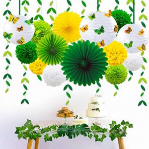 Yellow Green Party Decoration Kit Hanging Paper Fans Lanterns Flowers Pom Pom with 3D Butterfly Green Leaves Garland for Birthday Wedding Engagement Baby Shower Spring Summer Garden Tea Party Decor