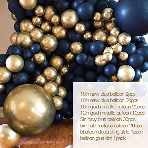 Navy Blue Balloon Garland Arch Kit 134pcs, Metallic Gold and Blue Balloons Party Supplies Background Decoration for Graduation Baby Shower Birthday Wedding Ceremony Anniversary with Ballon Stripand