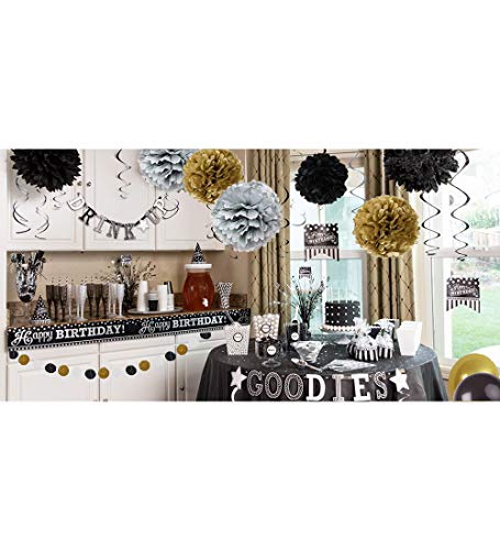 Black and Gold Party Decorations - Masquerade and Birthday Party Decorations with DIY Paper Pom Poms Flowers, Tassel Garland, Balloons, Hanging Swirl, Circle Paper Garland - 58Pcs