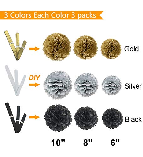 Black and Gold Party Decorations - Masquerade and Birthday Party Decorations with DIY Paper Pom Poms Flowers, Tassel Garland, Balloons, Hanging Swirl, Circle Paper Garland - 58Pcs