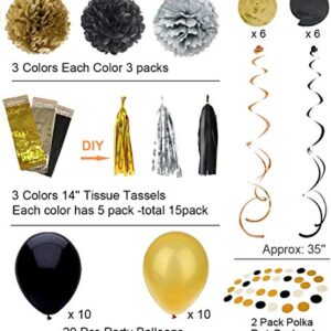 Black and Gold Party Decorations - Masquerade and Birthday Party Decorations with DIY Paper Pom Poms Flowers, Tassel Garland, Balloons, Hanging Swirl, Circle Paper Garland - 58Pcs