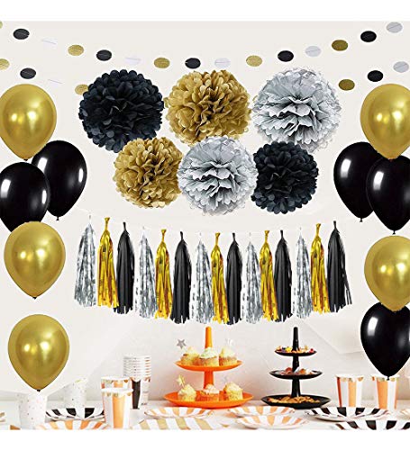 Black and Gold Party Decorations - Masquerade and Birthday Party Decorations with DIY Paper Pom Poms Flowers, Tassel Garland, Balloons, Hanging Swirl, Circle Paper Garland - 58Pcs