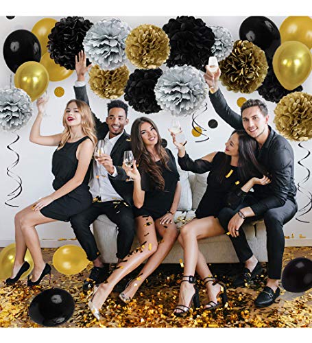 Black and Gold Party Decorations - Masquerade and Birthday Party Decorations with DIY Paper Pom Poms Flowers, Tassel Garland, Balloons, Hanging Swirl, Circle Paper Garland - 58Pcs