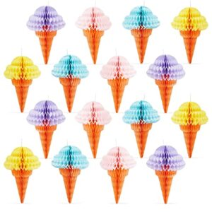 16 pack hanging honeycomb ice cream party decorations for birthday, baby shower, celebration, 4 colors (4 x 6 in)