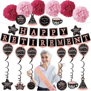 retirement party decorations banner gifts – (22pack) happy retirement rose gold banner, 6 paper poms, 6 hanging swirl, 7 decorations stickers.retirement sash for women