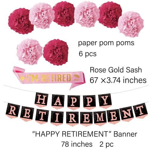 retirement party decorations banner gifts - (22pack) happy retirement rose gold banner, 6 paper Poms, 6 Hanging Swirl, 7 decorations stickers.retirement sash for women