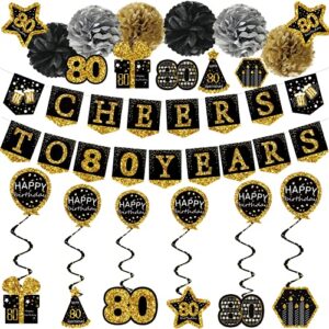 80th birthday decorations for men – (21pack) cheers to 80 years black gold glitter banner for women, 6 paper poms, 6 hanging swirl, 7 decorations stickers. 80 years old party supplies gifts for men