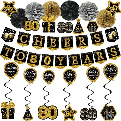 80th birthday decorations for men - (21pack) cheers to 80 years black gold glitter banner for women, 6 paper Poms, 6 Hanging Swirl, 7 decorations stickers. 80 Years Old Party Supplies gifts for men