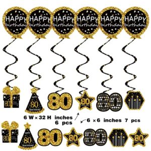 80th birthday decorations for men - (21pack) cheers to 80 years black gold glitter banner for women, 6 paper Poms, 6 Hanging Swirl, 7 decorations stickers. 80 Years Old Party Supplies gifts for men