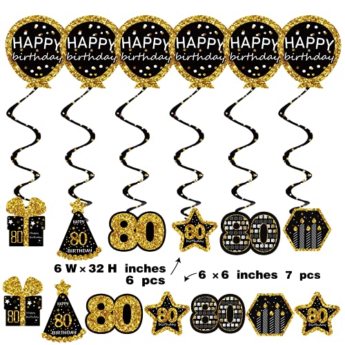 80th birthday decorations for men - (21pack) cheers to 80 years black gold glitter banner for women, 6 paper Poms, 6 Hanging Swirl, 7 decorations stickers. 80 Years Old Party Supplies gifts for men