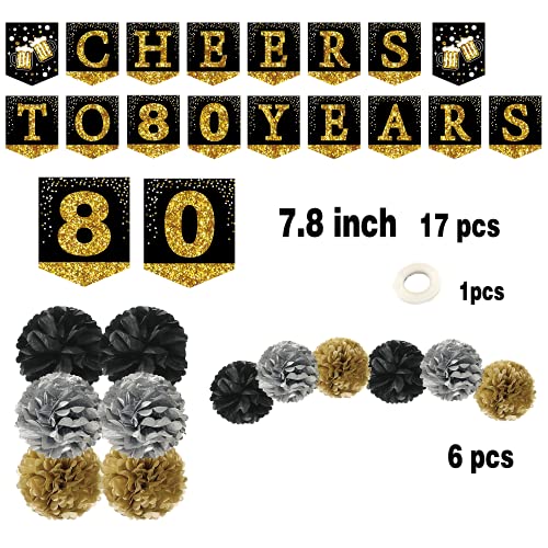 80th birthday decorations for men - (21pack) cheers to 80 years black gold glitter banner for women, 6 paper Poms, 6 Hanging Swirl, 7 decorations stickers. 80 Years Old Party Supplies gifts for men