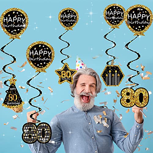 80th birthday decorations for men - (21pack) cheers to 80 years black gold glitter banner for women, 6 paper Poms, 6 Hanging Swirl, 7 decorations stickers. 80 Years Old Party Supplies gifts for men