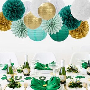 Sage-Green Teal-Gold Baby-Shower Party Decorations - 14pcs Rustic Wedding Paper Lanterns Fan,Tissue Pom Poms Streamers,Honeycomb Balls,Birthday Bachelorette Engagement Bridal Decor Lasting Surprise