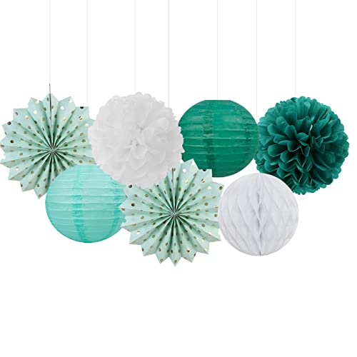 Sage-Green Teal-Gold Baby-Shower Party Decorations - 14pcs Rustic Wedding Paper Lanterns Fan,Tissue Pom Poms Streamers,Honeycomb Balls,Birthday Bachelorette Engagement Bridal Decor Lasting Surprise