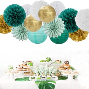 Sage-Green Teal-Gold Baby-Shower Party Decorations - 14pcs Rustic Wedding Paper Lanterns Fan,Tissue Pom Poms Streamers,Honeycomb Balls,Birthday Bachelorette Engagement Bridal Decor Lasting Surprise