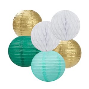 Sage-Green Teal-Gold Baby-Shower Party Decorations - 14pcs Rustic Wedding Paper Lanterns Fan,Tissue Pom Poms Streamers,Honeycomb Balls,Birthday Bachelorette Engagement Bridal Decor Lasting Surprise