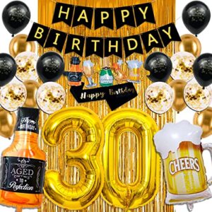 30th birthday decorations for him, black and gold 30th birthday decorations with happy birthday banner,fringe curtain,confetti and latex balloons
