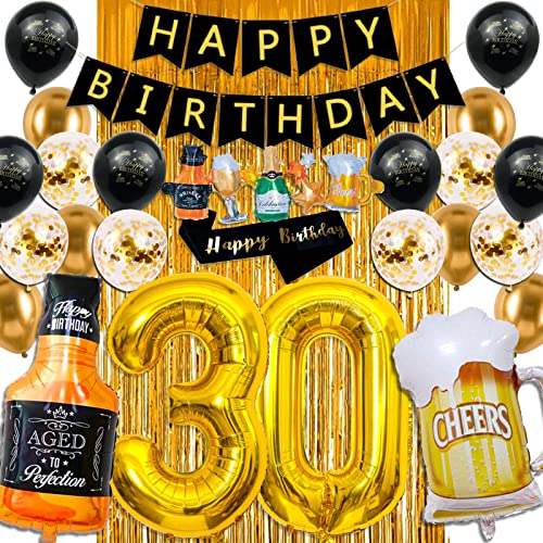 30th Birthday Decorations for Him, Black and Gold 30th Birthday Decorations with Happy Birthday Banner,Fringe Curtain,Confetti and Latex Balloons