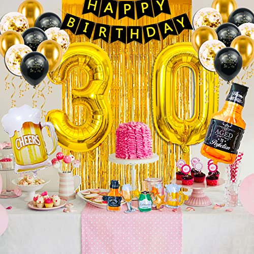 30th Birthday Decorations for Him, Black and Gold 30th Birthday Decorations with Happy Birthday Banner,Fringe Curtain,Confetti and Latex Balloons