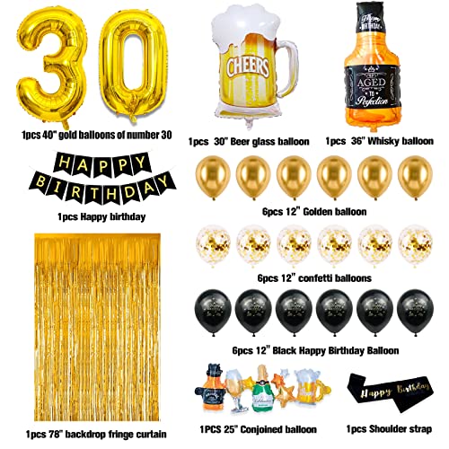 30th Birthday Decorations for Him, Black and Gold 30th Birthday Decorations with Happy Birthday Banner,Fringe Curtain,Confetti and Latex Balloons