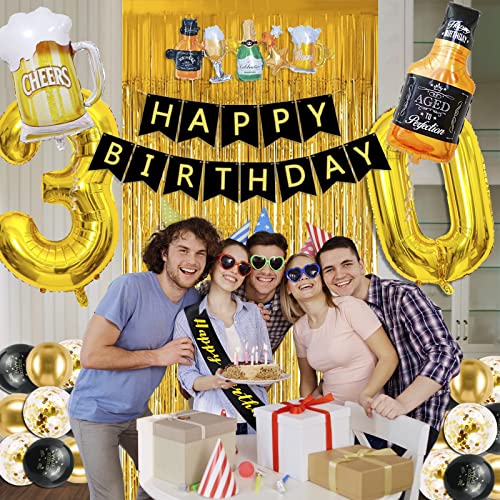 30th Birthday Decorations for Him, Black and Gold 30th Birthday Decorations with Happy Birthday Banner,Fringe Curtain,Confetti and Latex Balloons