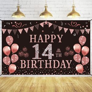 trgowaul happy 14th birthday decorations for girls – pink rose gold 14 birthday backdrop banner，fourteen year old birthday party supply photography background birthday sign poster decor gift daughter