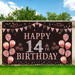 Trgowaul Happy 14th Birthday Decorations for Girls - Pink Rose Gold 14 Birthday Backdrop Banner，Fourteen Year Old Birthday Party Supply Photography Background Birthday Sign Poster Decor Gift Daughter