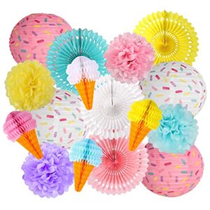 donut party decorations, donut birthday party supplies, hanging donut paper lanterns party fans pom poms flowers for baby shower two sweet birthday party ice cream party