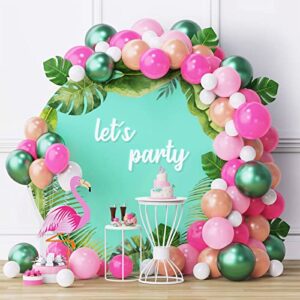 diy balloon garland hawaiian summer party tropical flamingo theme party decor palm leaves hot pink chrome green balloons garland perfect for baby shower bridal shower birthday party decorations